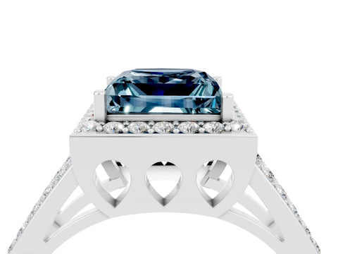 White gold Princess Cut Aquamarine Halo Ring with Split Shank U-Prong Band and Four-Prong Setting_4