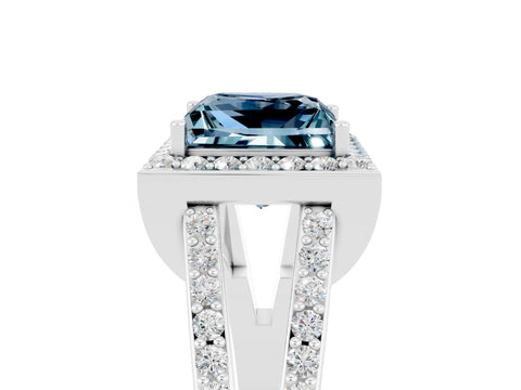 White gold Princess Cut Aquamarine Halo Ring with Split Shank U-Prong Band and Four-Prong Setting_5