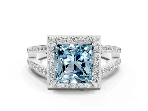 White gold Princess Cut Aquamarine Halo Ring with Split Shank U-Prong Band and Four-Prong Setting