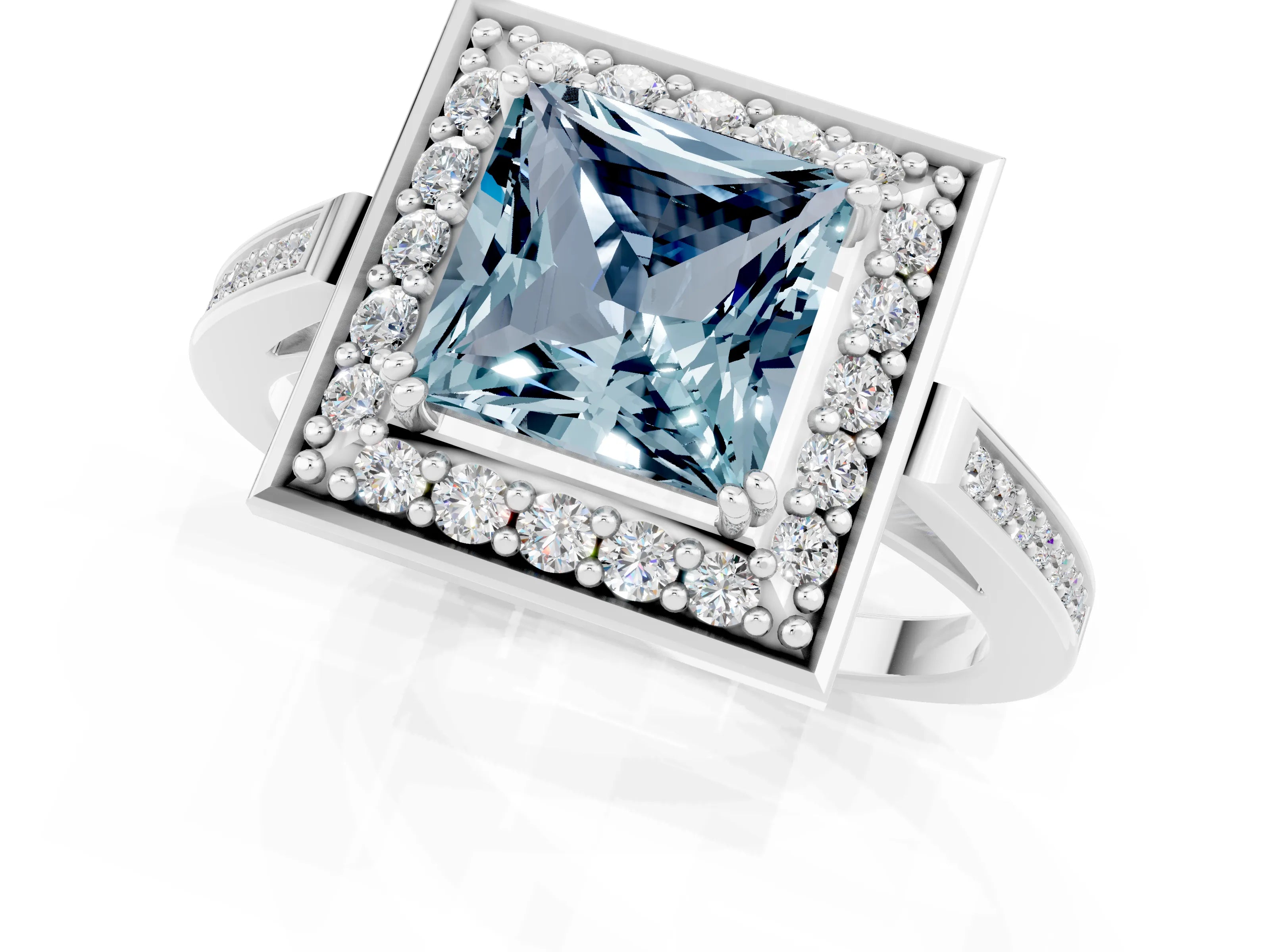 White gold Princess Cut Aquamarine Halo Ring with Split Shank and Four-Prong Setting_1