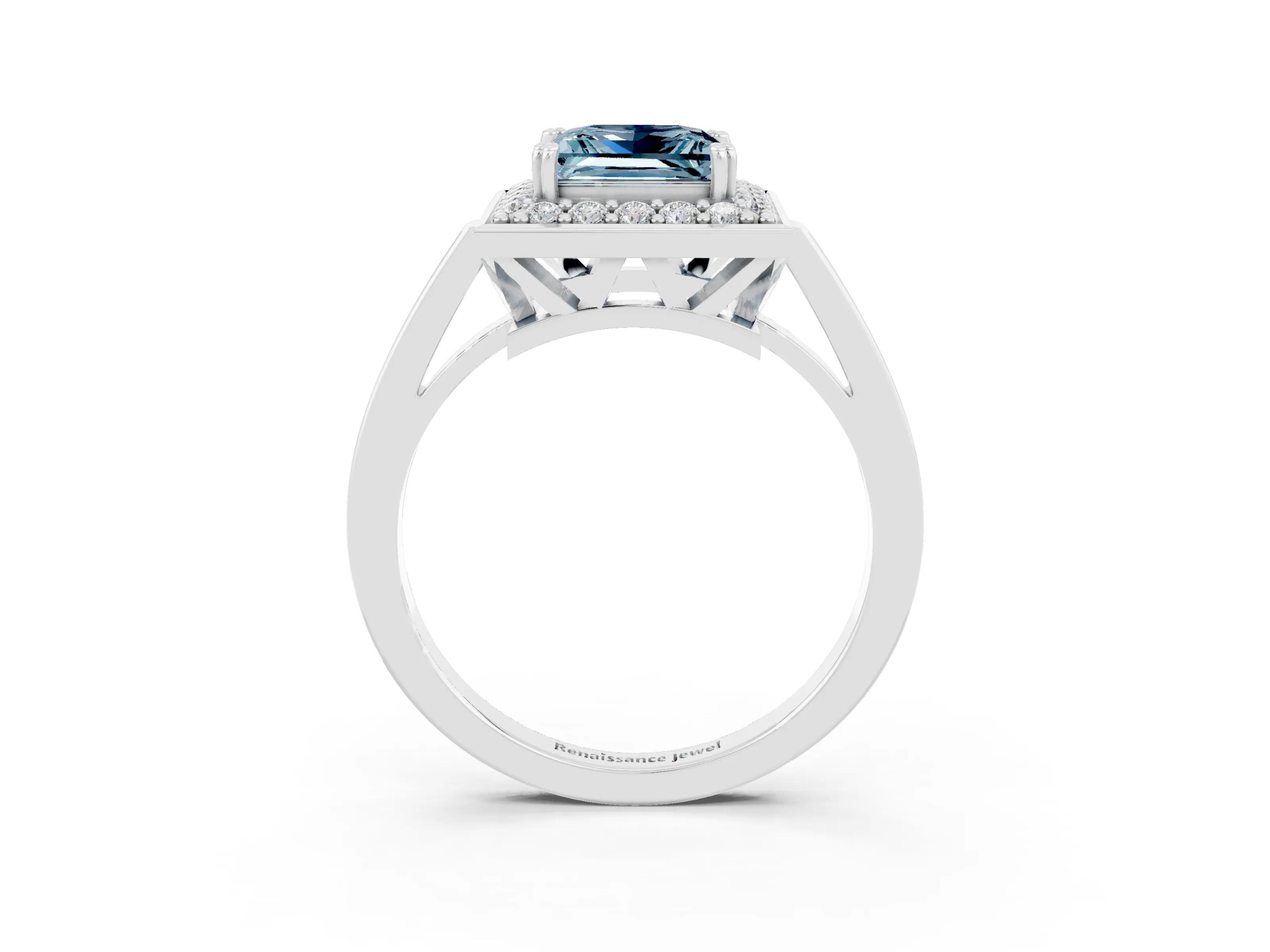 White gold Princess Cut Aquamarine Halo Ring with Split Shank and Four-Prong Setting_10