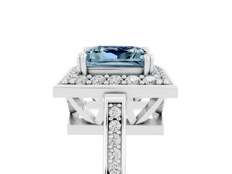 White gold Princess Cut Aquamarine Halo Ring with Split Shank and Four-Prong Setting_12