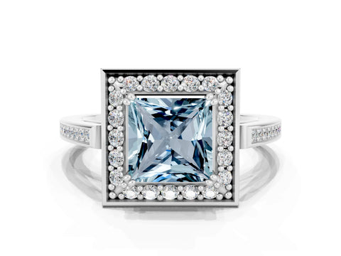 White gold Princess Cut Aquamarine Halo Ring with Split Shank and Four-Prong Setting_12