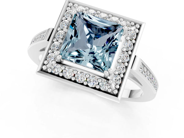 Platinum Princess Cut Aquamarine Halo Ring with Split Shank and Four-Prong Setting