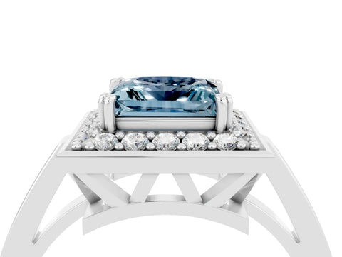 White gold Princess Cut Aquamarine Halo Ring with Split Shank and Four-Prong Setting_16