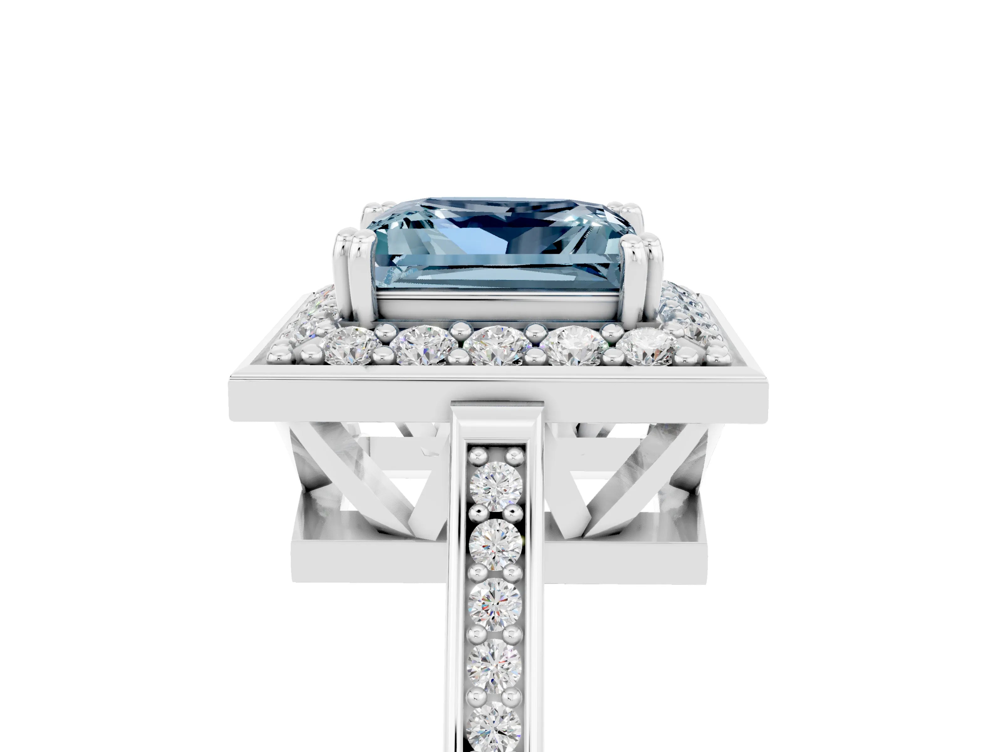 White gold Princess Cut Aquamarine Halo Ring with Split Shank and Four-Prong Setting_17
