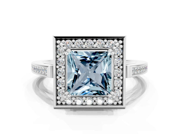 White gold Princess Cut Aquamarine Halo Ring with Split Shank and Four-Prong Setting