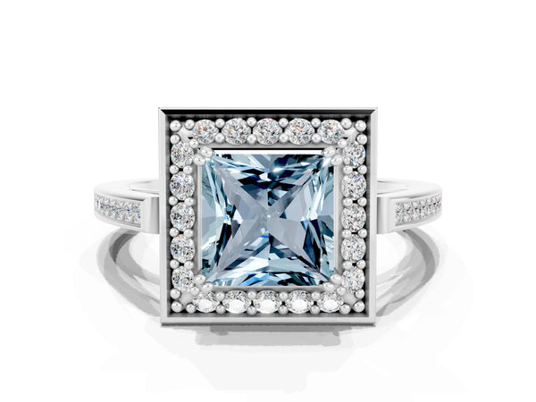 Silver Princess Cut Aquamarine Halo Ring with Split Shank and Four-Prong Setting