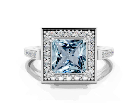 White gold Princess Cut Aquamarine Halo Ring with Split Shank and Four-Prong Setting_20