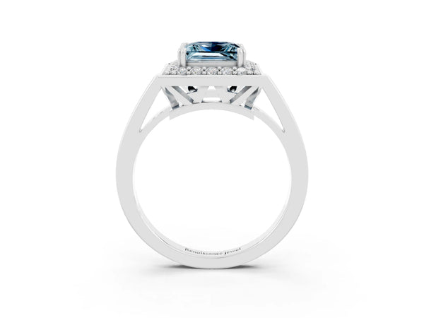 White gold Princess Cut Aquamarine Halo Ring with Split Shank and Four-Prong Setting