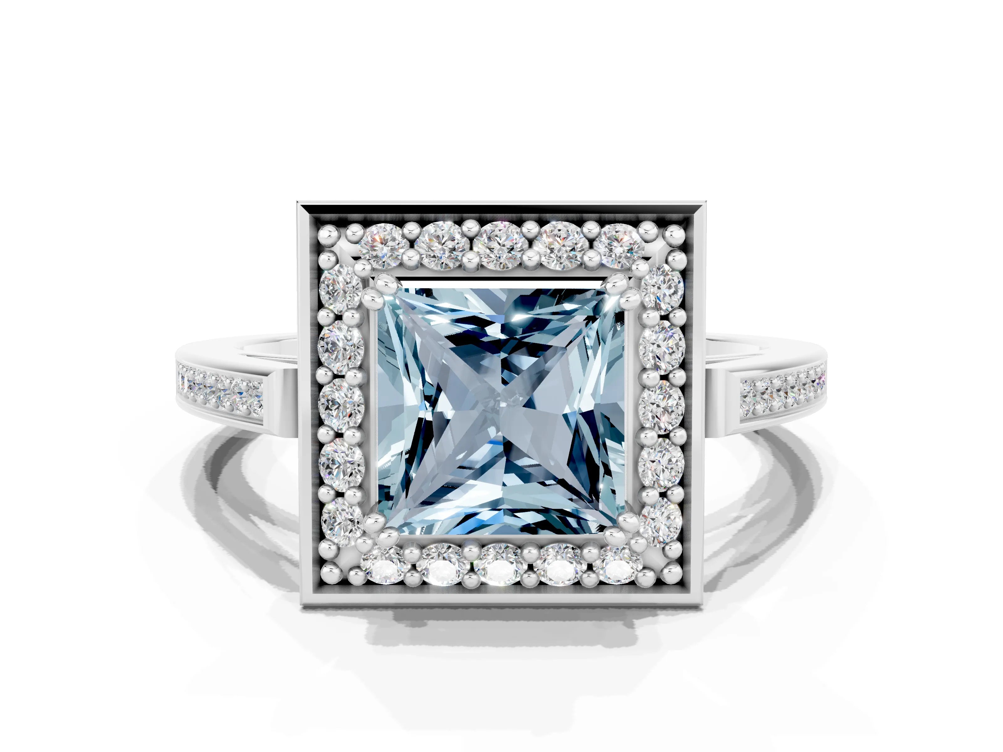 White gold Princess Cut Aquamarine Halo Ring with Split Shank and Four-Prong Setting_24