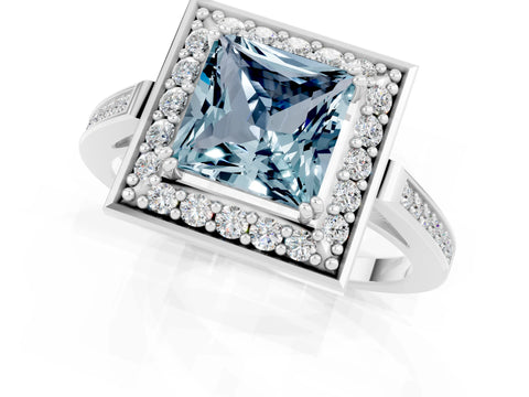 White gold Princess Cut Aquamarine Halo Ring with Split Shank and Four-Prong Setting_25