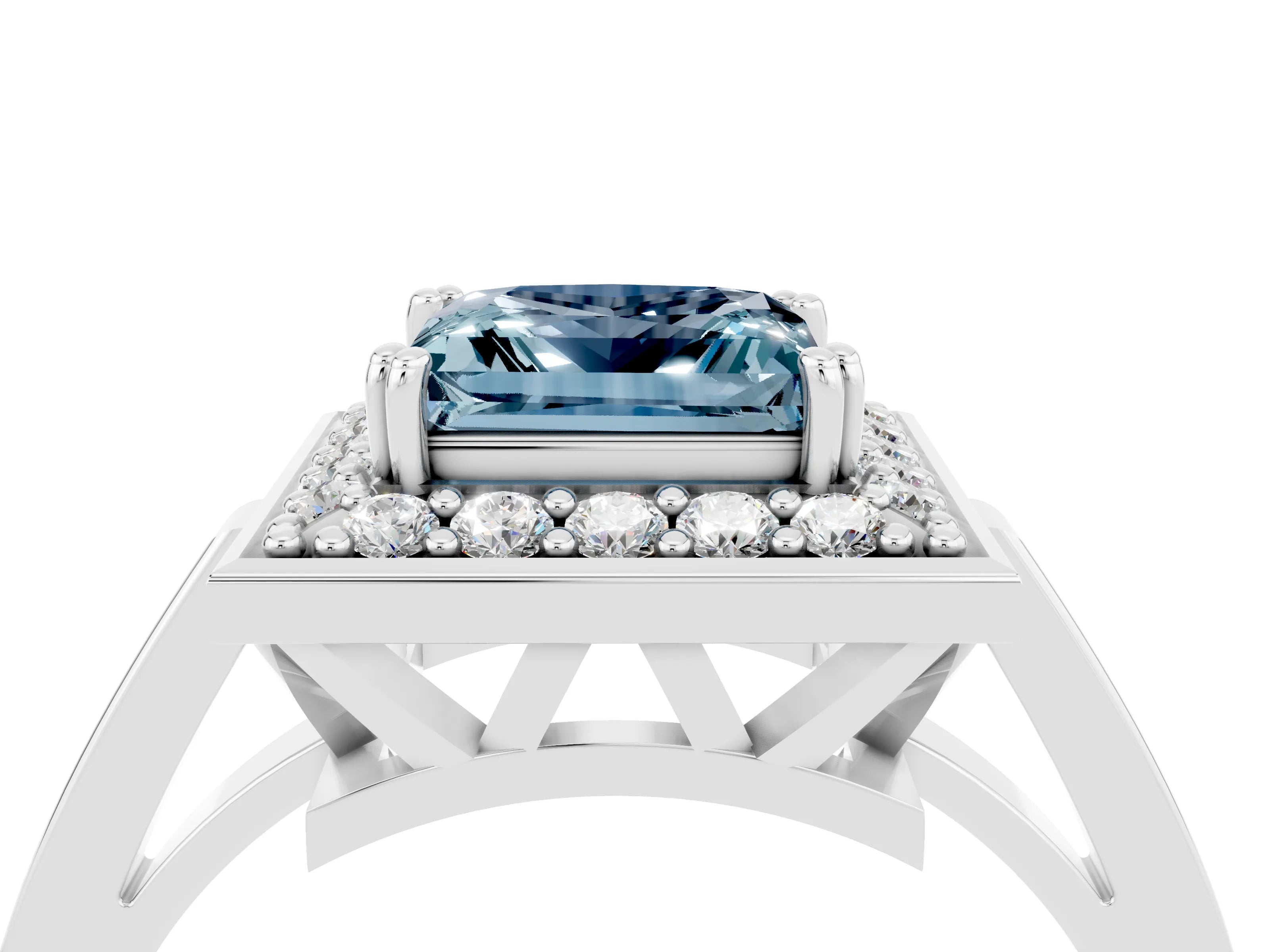White gold Princess Cut Aquamarine Halo Ring with Split Shank and Four-Prong Setting_28
