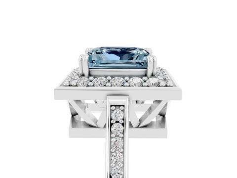 White gold Princess Cut Aquamarine Halo Ring with Split Shank and Four-Prong Setting_29