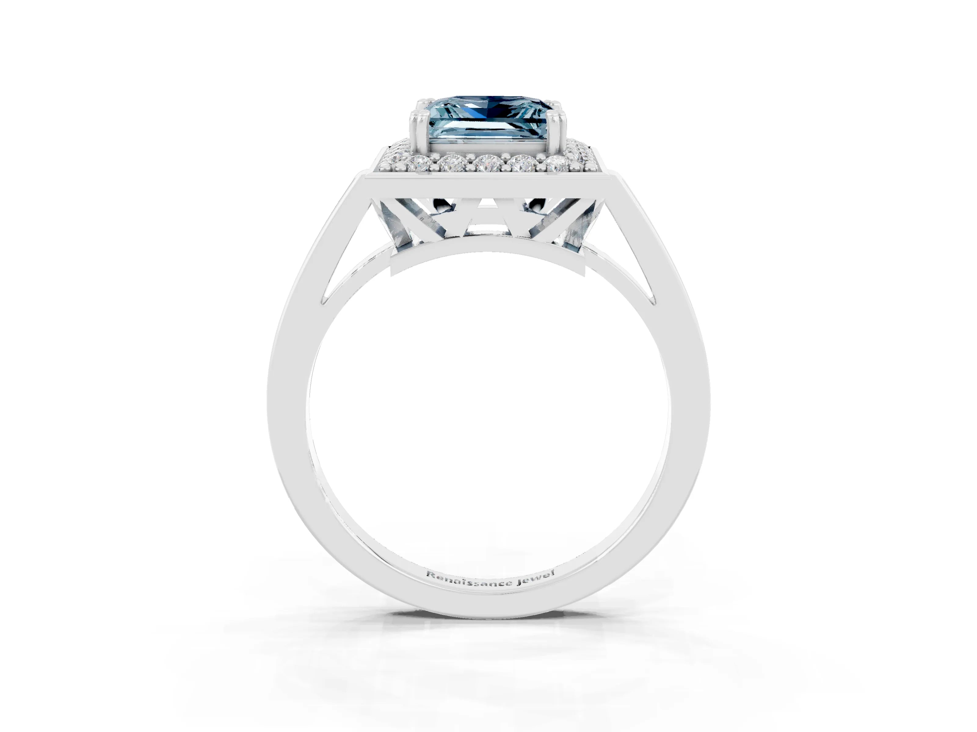 White gold Princess Cut Aquamarine Halo Ring with Split Shank and Four-Prong Setting_3