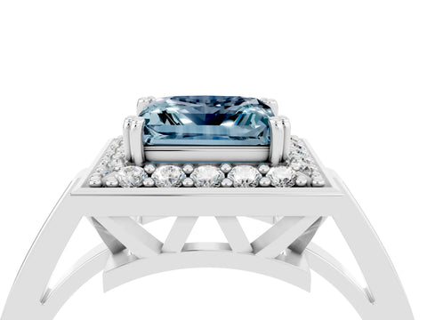 White gold Princess Cut Aquamarine Halo Ring with Split Shank and Four-Prong Setting_4