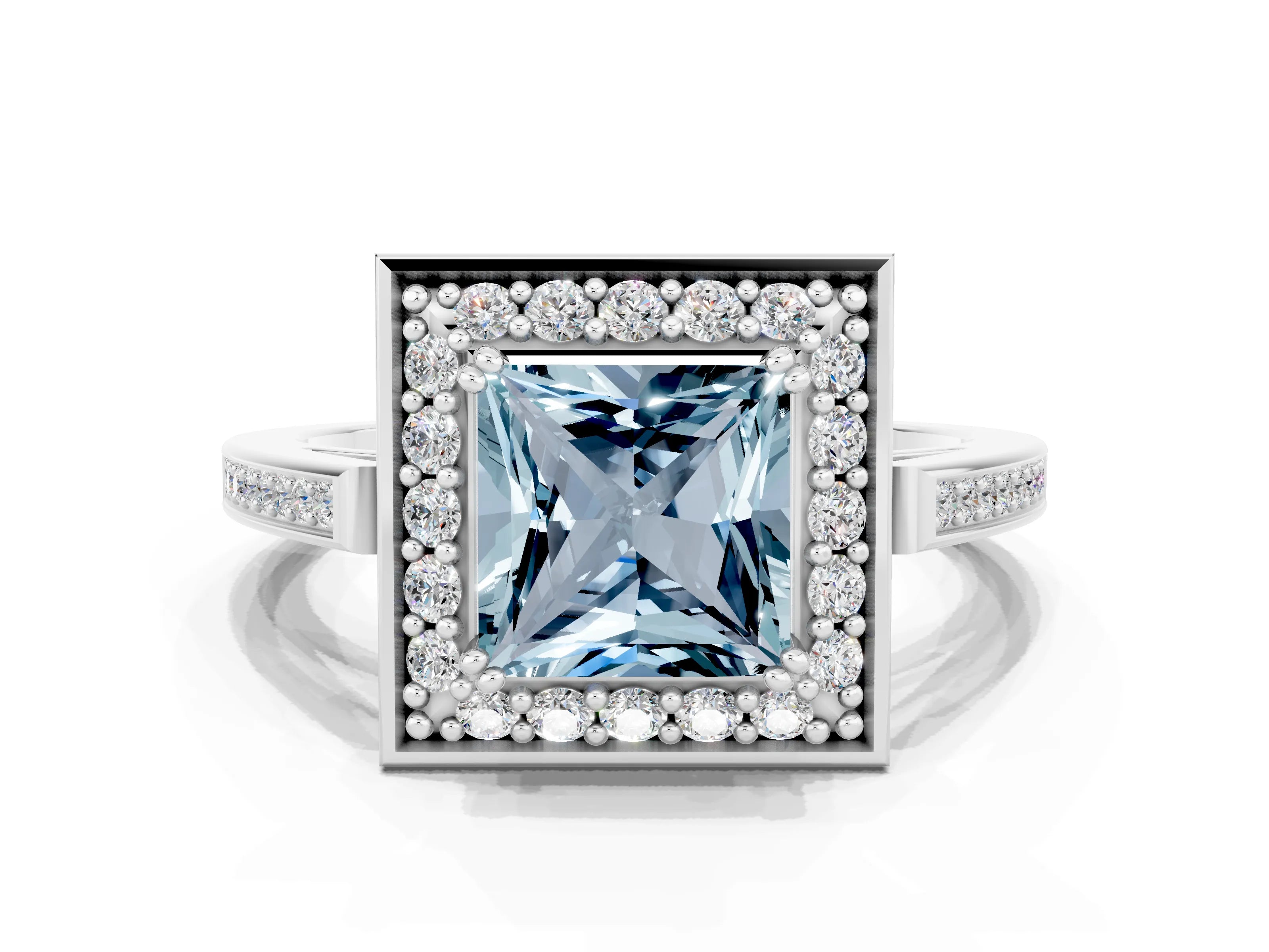White gold Princess Cut Aquamarine Halo Ring with Split Shank and Four-Prong Setting_7