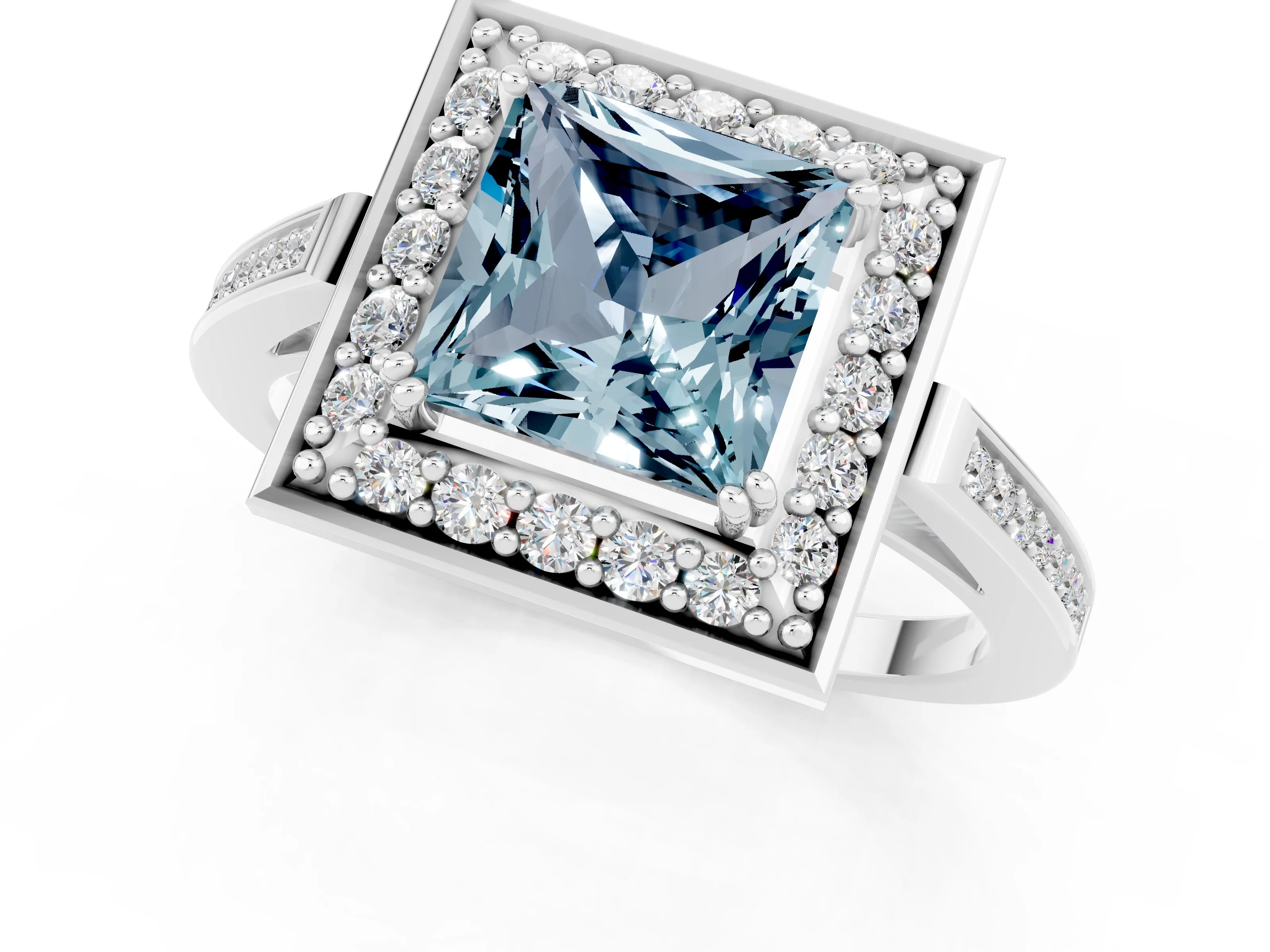 White gold Princess Cut Aquamarine Halo Ring with Split Shank and Four-Prong Setting_8