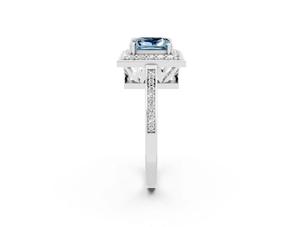 Silver Princess Cut Aquamarine Halo Ring with Split Shank and Four-Prong Setting