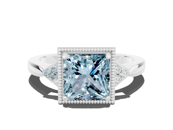 Platinum Princess Cut Aquamarine Halo Ring with Tapered Band and Four-Prong Setting
