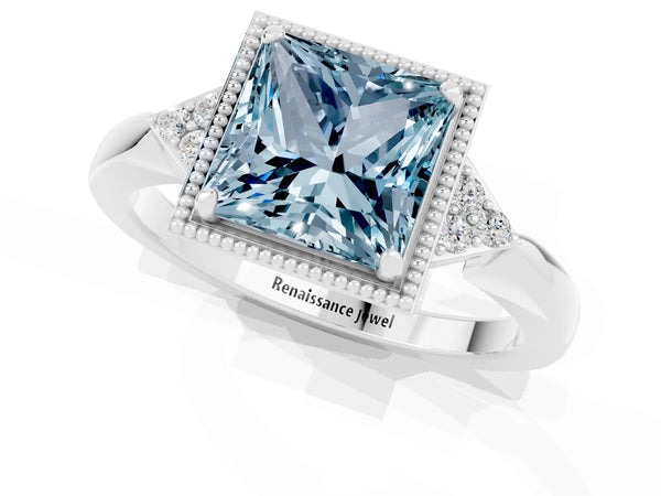 White gold Princess Cut Aquamarine Halo Ring with Tapered Band and Four-Prong Setting