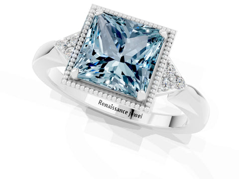 White gold Princess Cut Aquamarine Halo Ring with Tapered Band and Four-Prong Setting_1