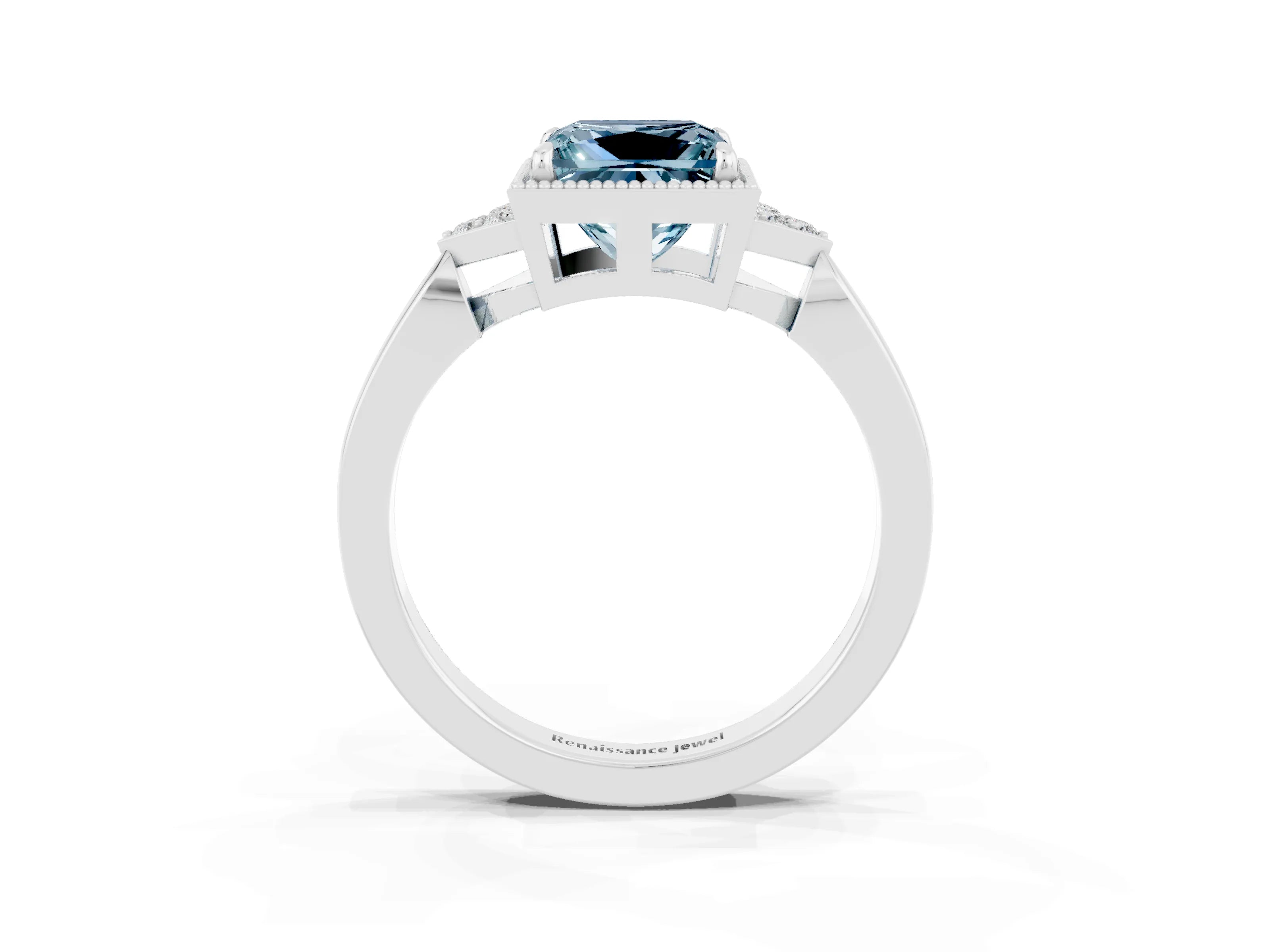 White gold Princess Cut Aquamarine Halo Ring with Tapered Band and Four-Prong Setting_3