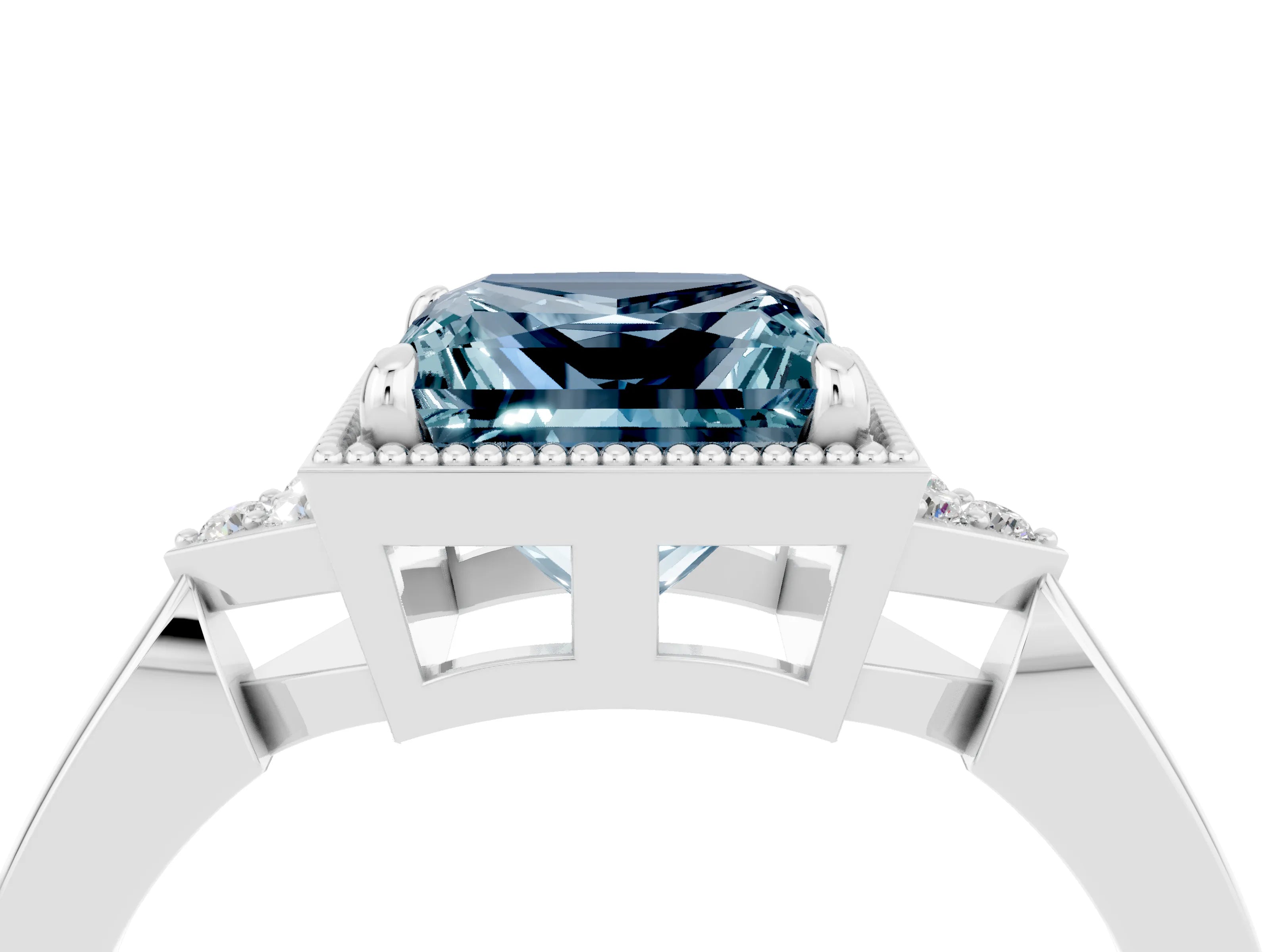 White gold Princess Cut Aquamarine Halo Ring with Tapered Band and Four-Prong Setting_4