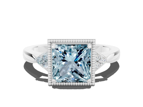 White gold Princess Cut Aquamarine Halo Ring with Tapered Band and Four-Prong Setting