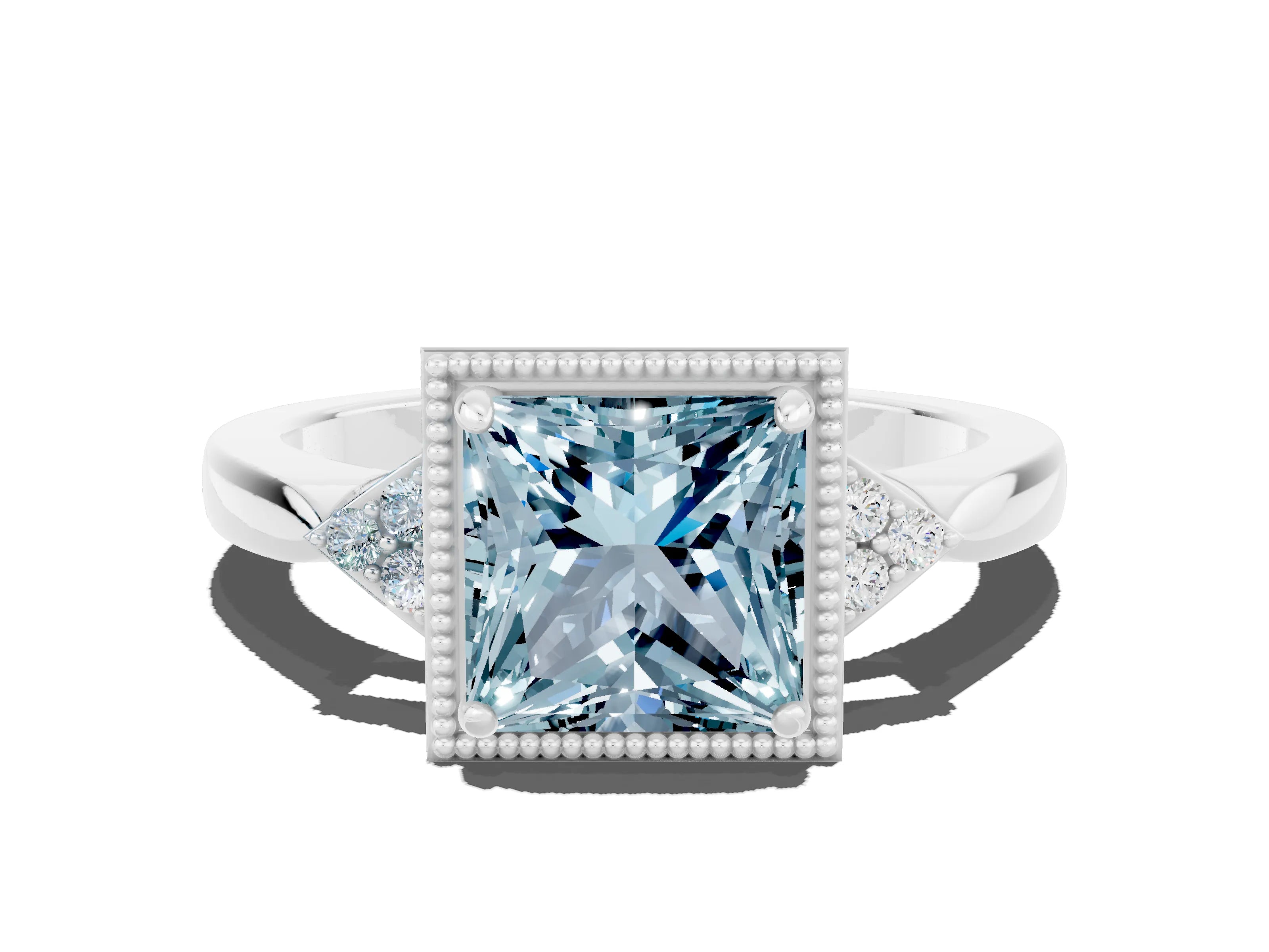 White gold Princess Cut Aquamarine Halo Ring with Tapered Band and Four-Prong Setting