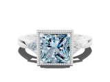 White gold Princess Cut Aquamarine Halo Ring with Tapered Band and Four-Prong Setting