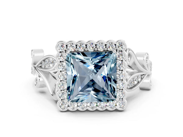 Platinum Princess Cut Aquamarine Halo Ring with Vintage Split Shank and Four-Prong Setting