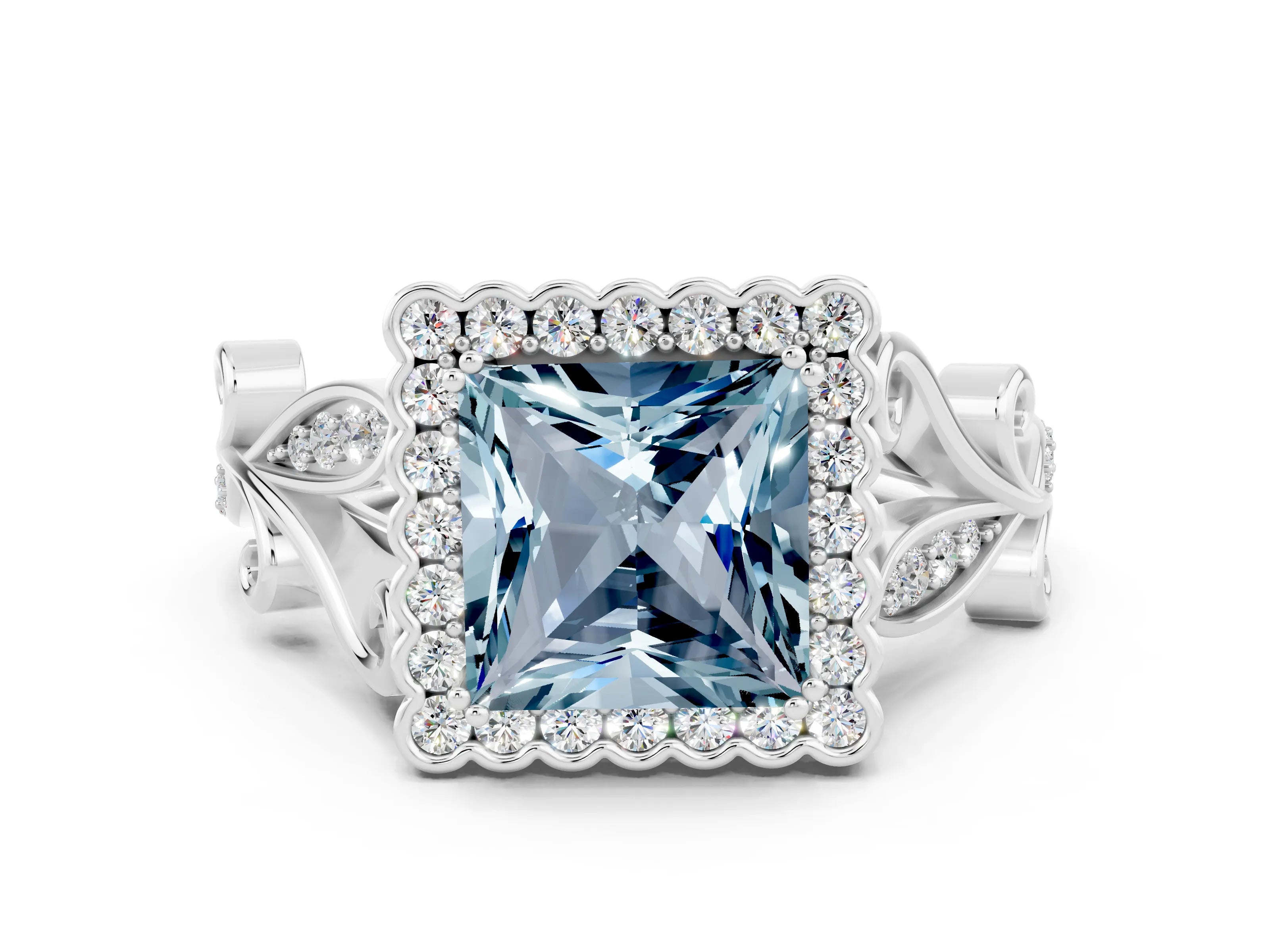 White gold Princess Cut Aquamarine Halo Ring with Vintage Split Shank and Four-Prong Setting_24