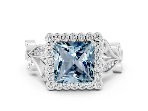 White gold Princess Cut Aquamarine Halo Ring with Vintage Split Shank and Four-Prong Setting_24