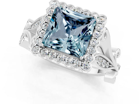White gold Princess Cut Aquamarine Halo Ring with Vintage Split Shank and Four-Prong Setting_25