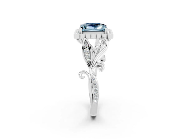 Platinum Princess Cut Aquamarine Halo Ring with Vintage Split Shank and Four-Prong Setting