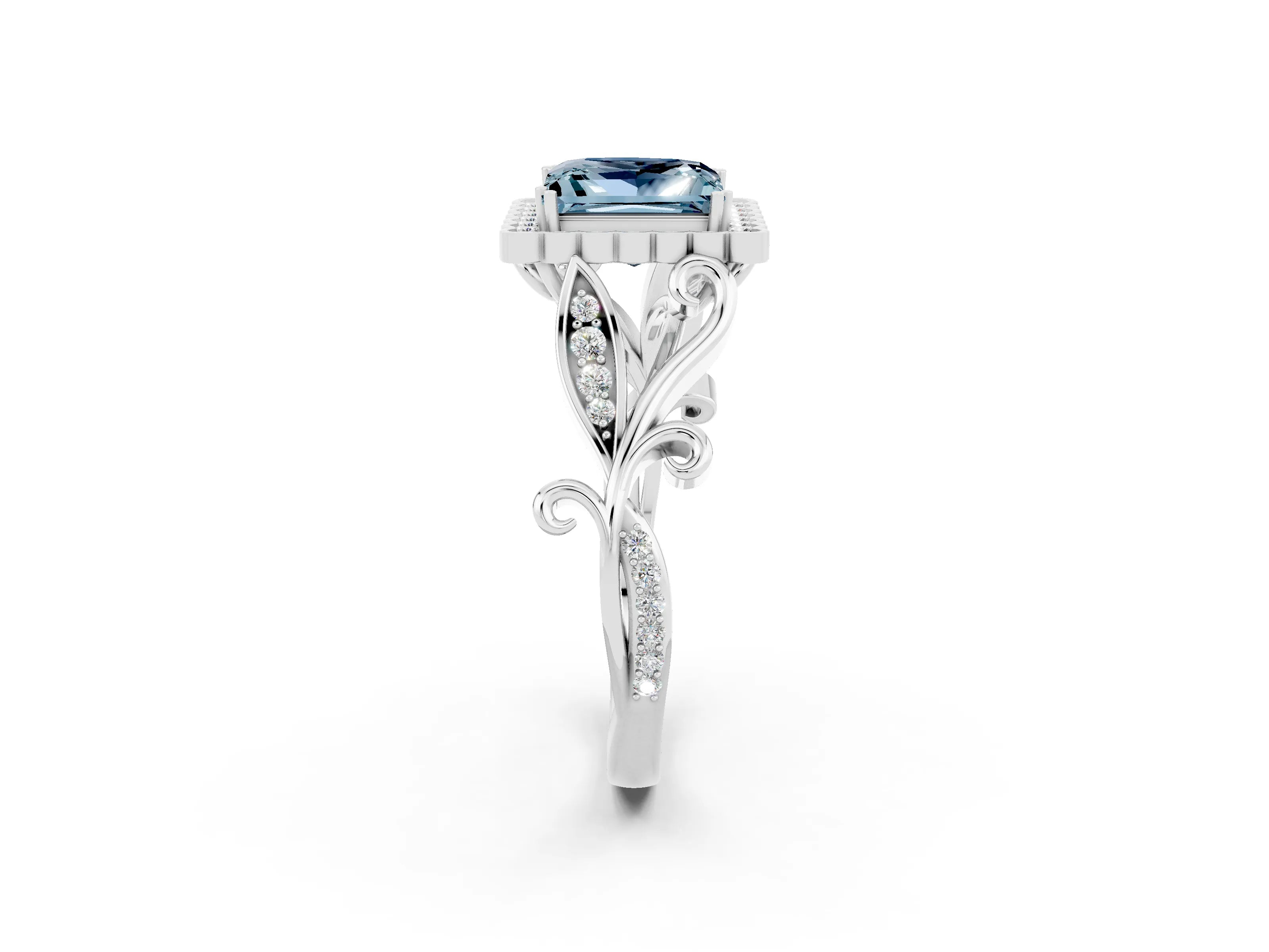 White gold Princess Cut Aquamarine Halo Ring with Vintage Split Shank and Four-Prong Setting_26