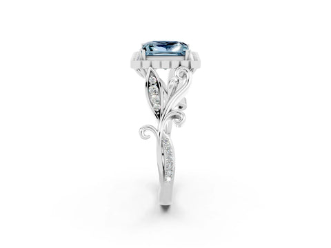 White gold Princess Cut Aquamarine Halo Ring with Vintage Split Shank and Four-Prong Setting_26