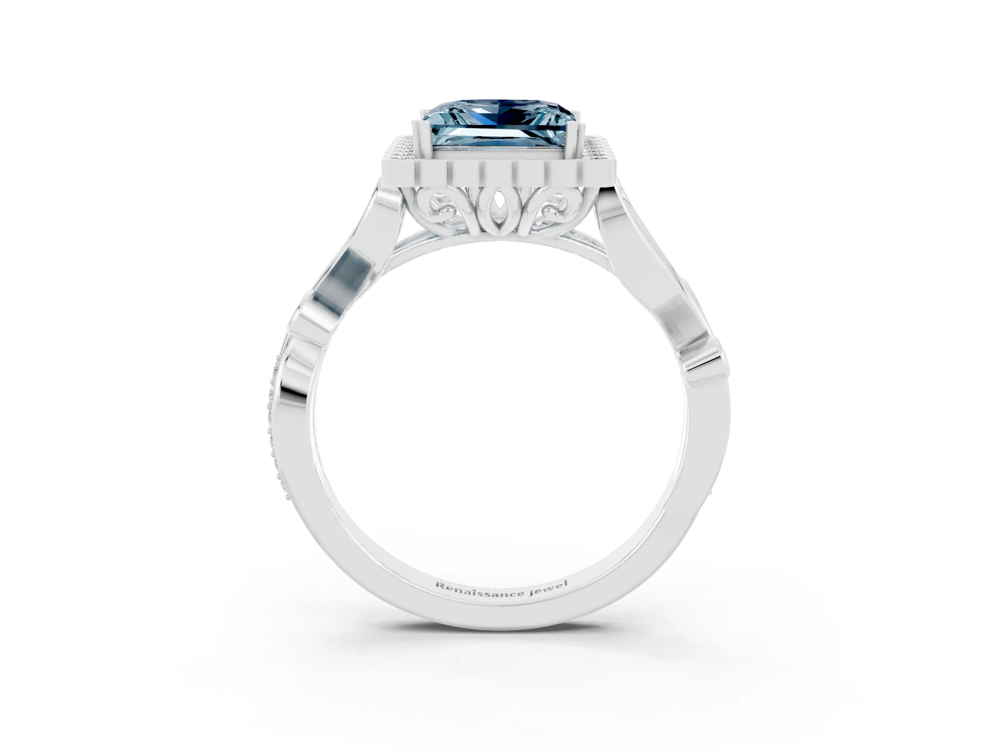 White gold Princess Cut Aquamarine Halo Ring with Vintage Split Shank and Four-Prong Setting_27