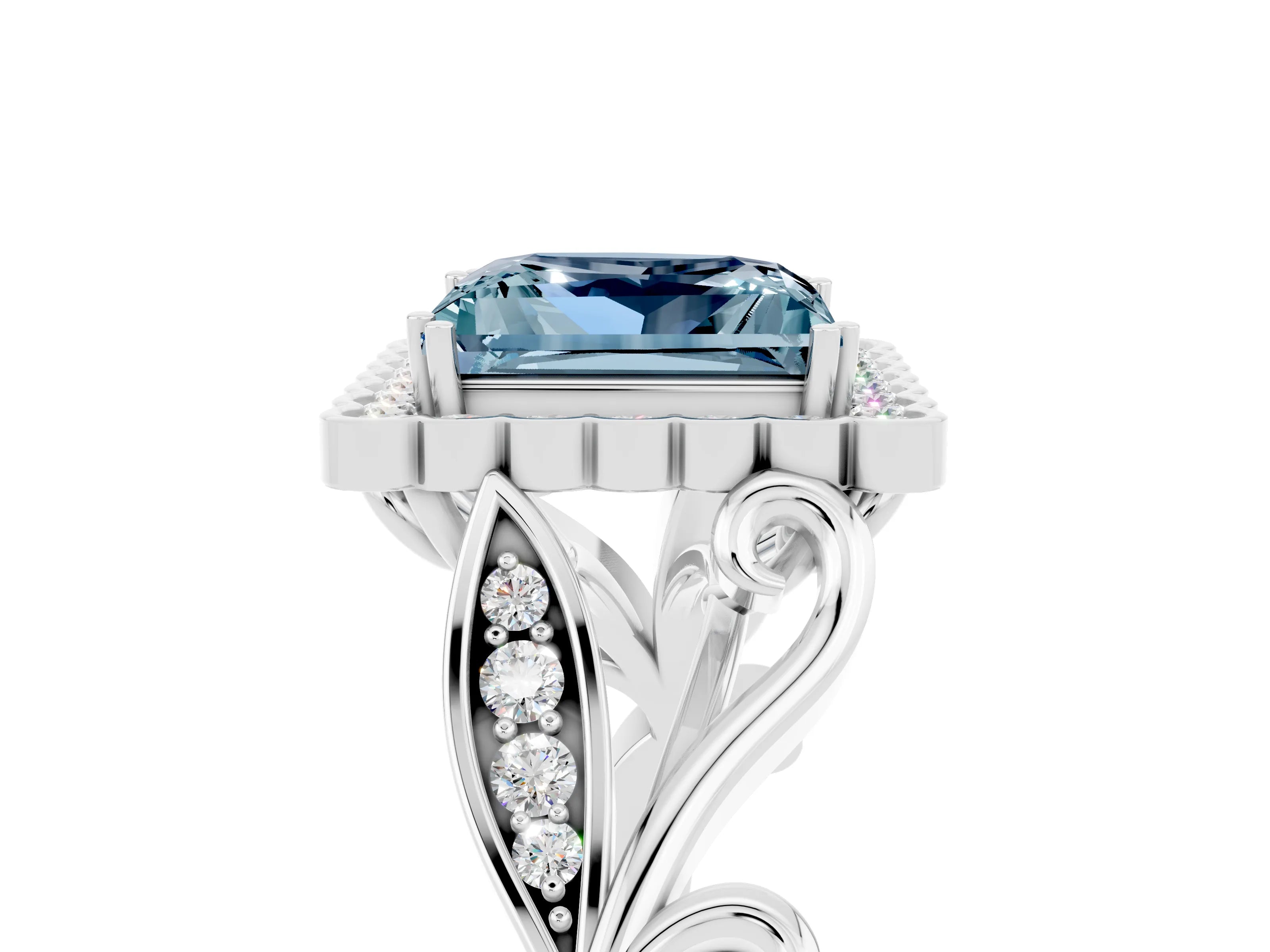 White gold Princess Cut Aquamarine Halo Ring with Vintage Split Shank and Four-Prong Setting_29