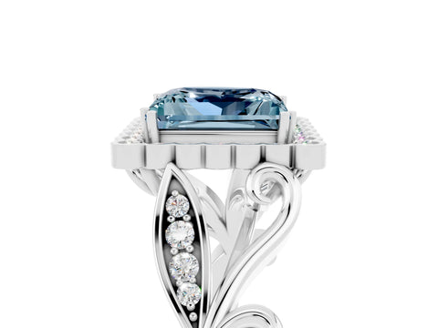 White gold Princess Cut Aquamarine Halo Ring with Vintage Split Shank and Four-Prong Setting_29