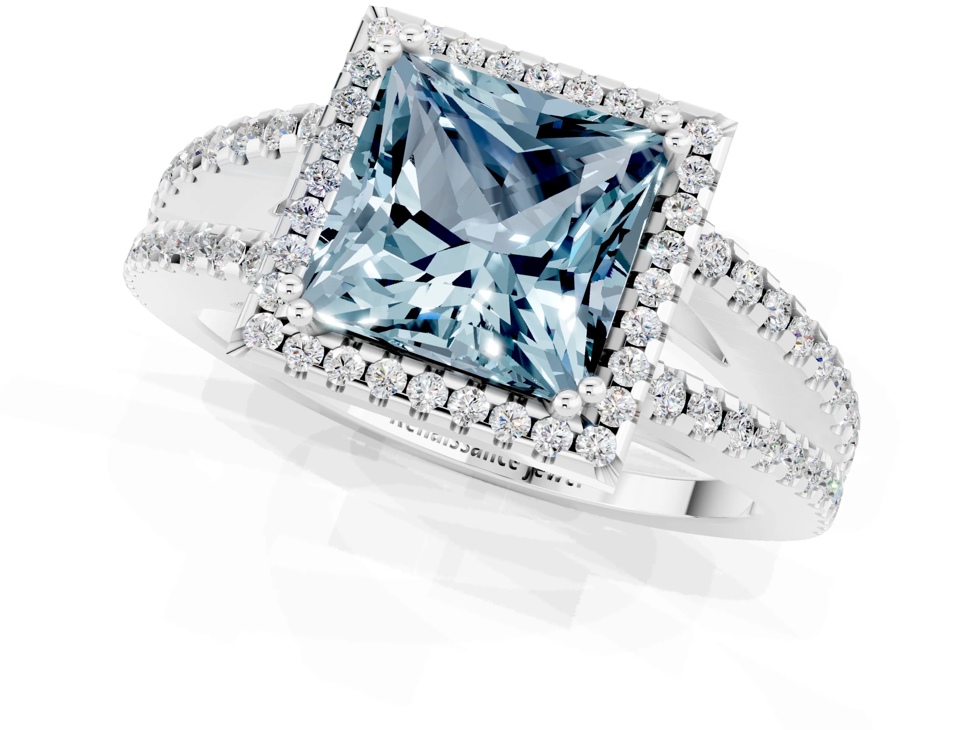 White gold Princess Cut Aquamarine Halo Split Shank Engagement Ring_13