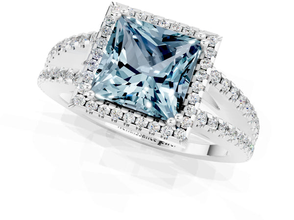 White gold Princess Cut Aquamarine Halo Split Shank Engagement Ring