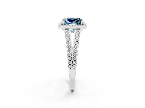Silver Princess Cut Aquamarine Halo Split Shank Engagement Ring
