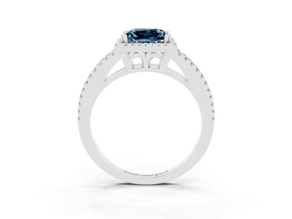Silver Princess Cut Aquamarine Halo Split Shank Engagement Ring