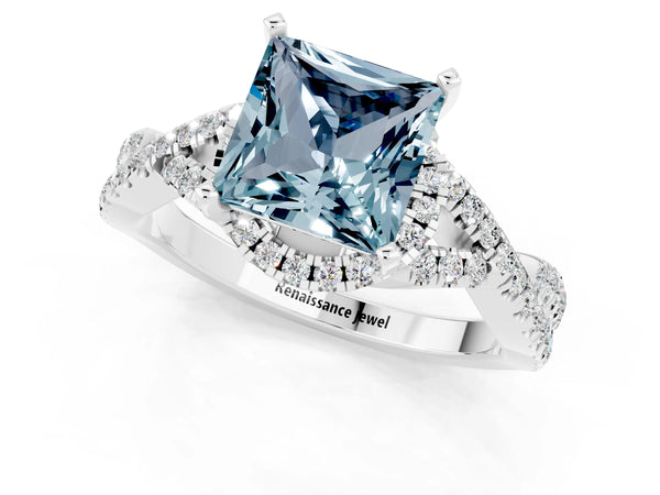 White gold Princess Cut Aquamarine  Halo Twist Band Solitaire Prong Setting Ring