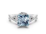 White gold Princess Cut Aquamarine  Halo Twist Band Solitaire Prong Setting Ring_24
