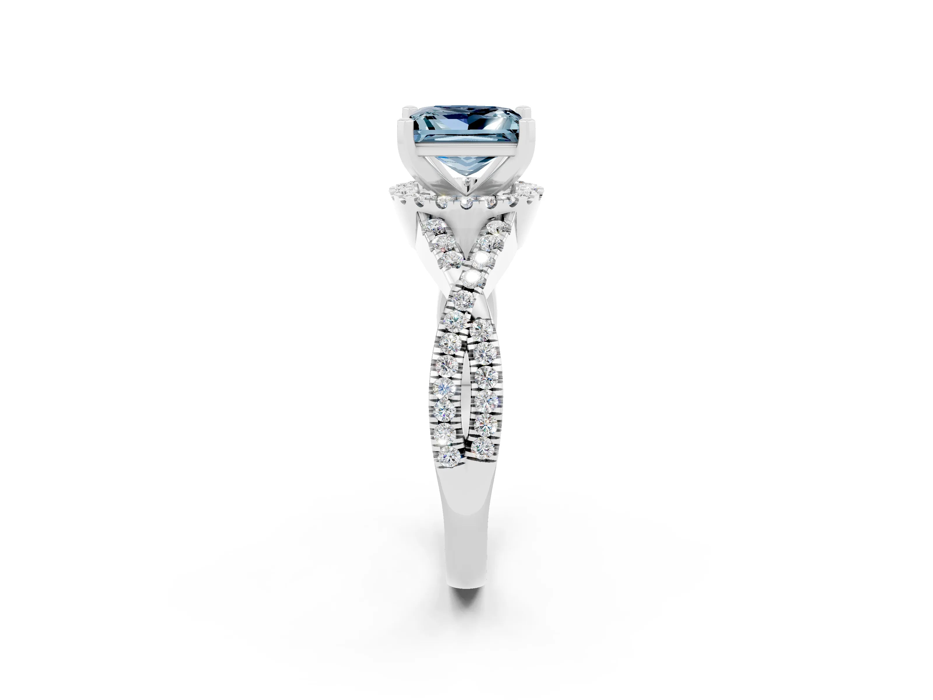 White gold Princess Cut Aquamarine Halo Twist Band Solitaire Prong Setting Ring_2