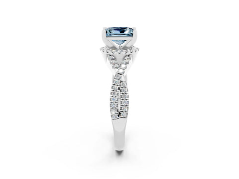 White gold Princess Cut Aquamarine Halo Twist Band Solitaire Prong Setting Ring_2