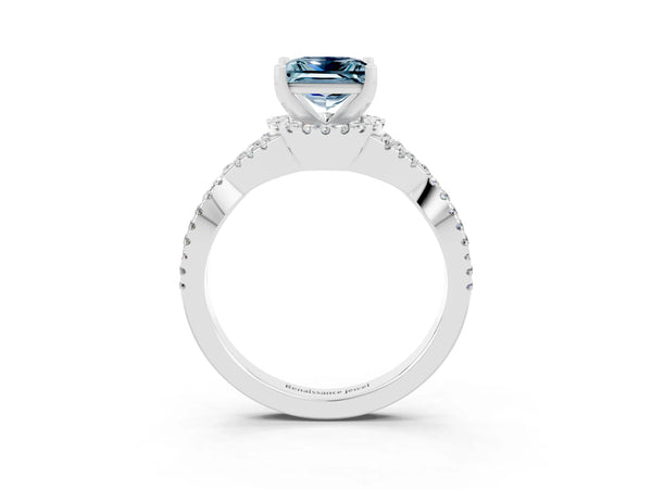 Platinum Princess Cut Aquamarine  Halo Twist Band Solitaire Prong Setting Ring